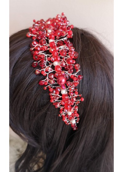 Дизайнерска кристална диадема за коса за сватба и бал в червено модел Red Queen by Rosie